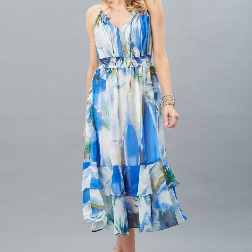 Lola & Sophie Smocked Waist Drawstring Neck Blue Printed Prarie Maxi Dress New
